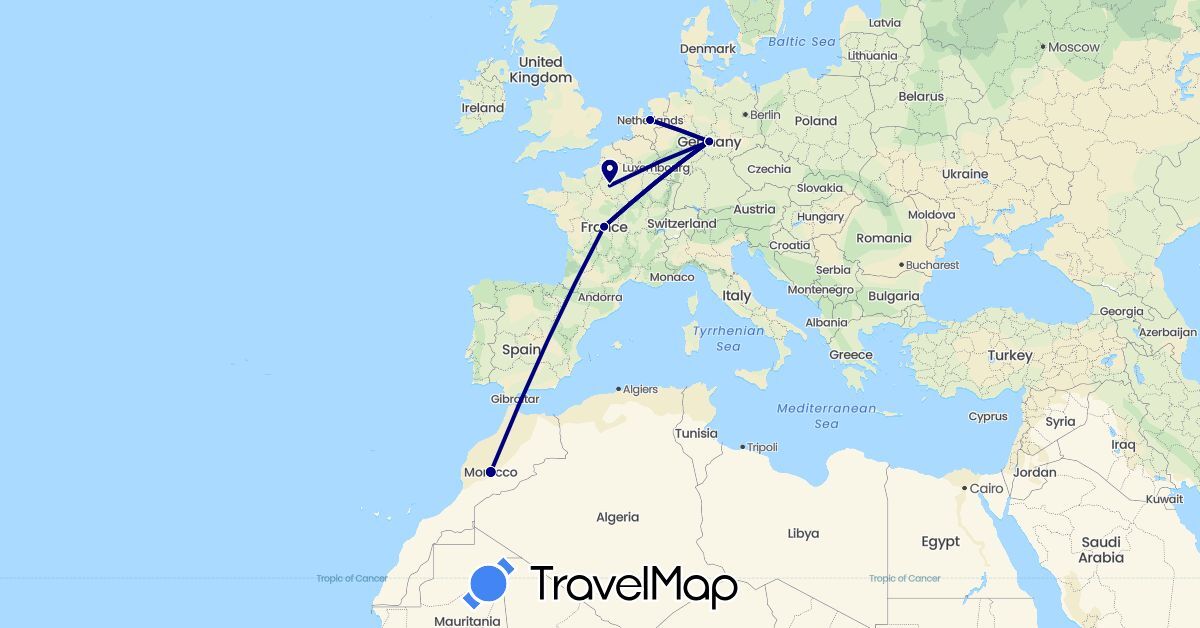 TravelMap itinerary: driving in Germany, France, Morocco, Netherlands (Africa, Europe)